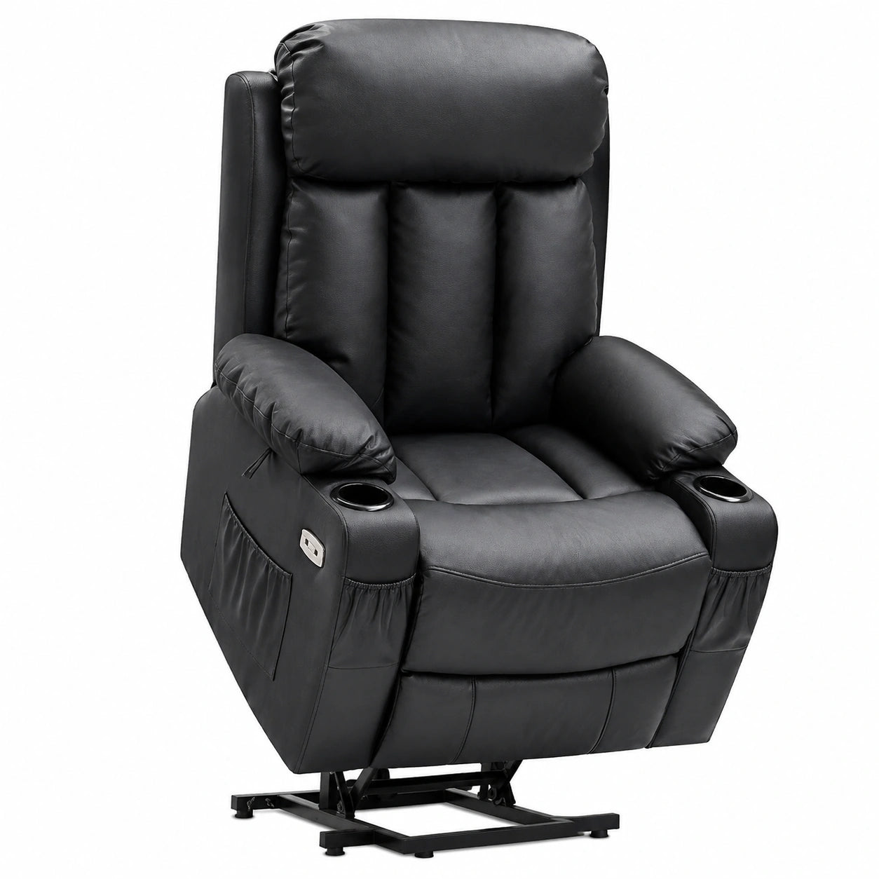 Fauteuil relax, inclinable, réglable, avec prise intégrée, en similicuir, coloris noir, pour le salon